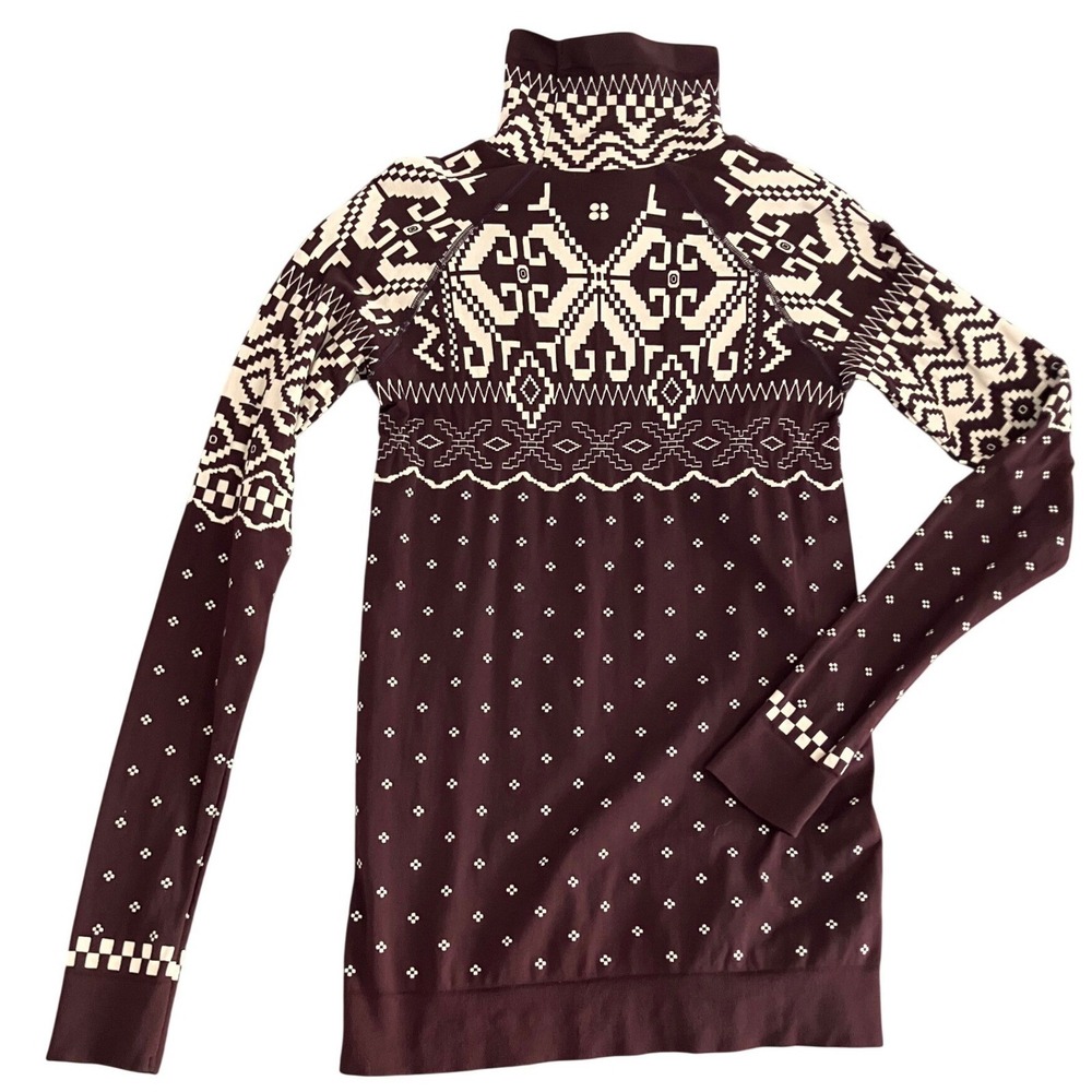 Sweaty Betty London Betty Base Layer Burgundy Fair Isle Turtleneck Top M Thermal - Picture 2 of 8